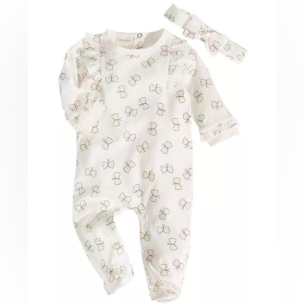 First Impressions Baby Girls Butterfly Footed Coverall and Headband, 2 Piece Set